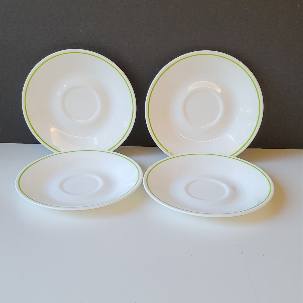 Set of 4 Corelle By Corning White Green Trim Teacup Saucer Plates Vintage 70s